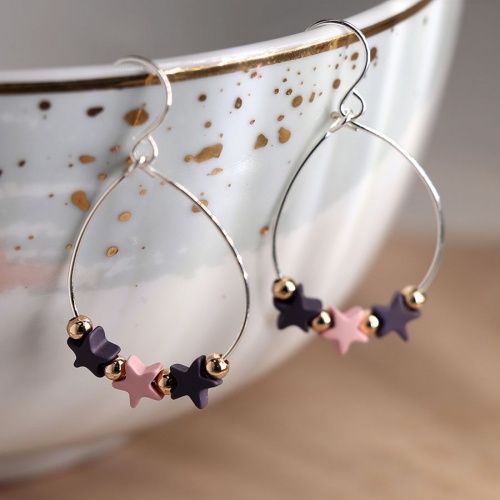 Silver Plated Wire Teardrop Earrings with Pink & Purple Stars by Peace of Mind